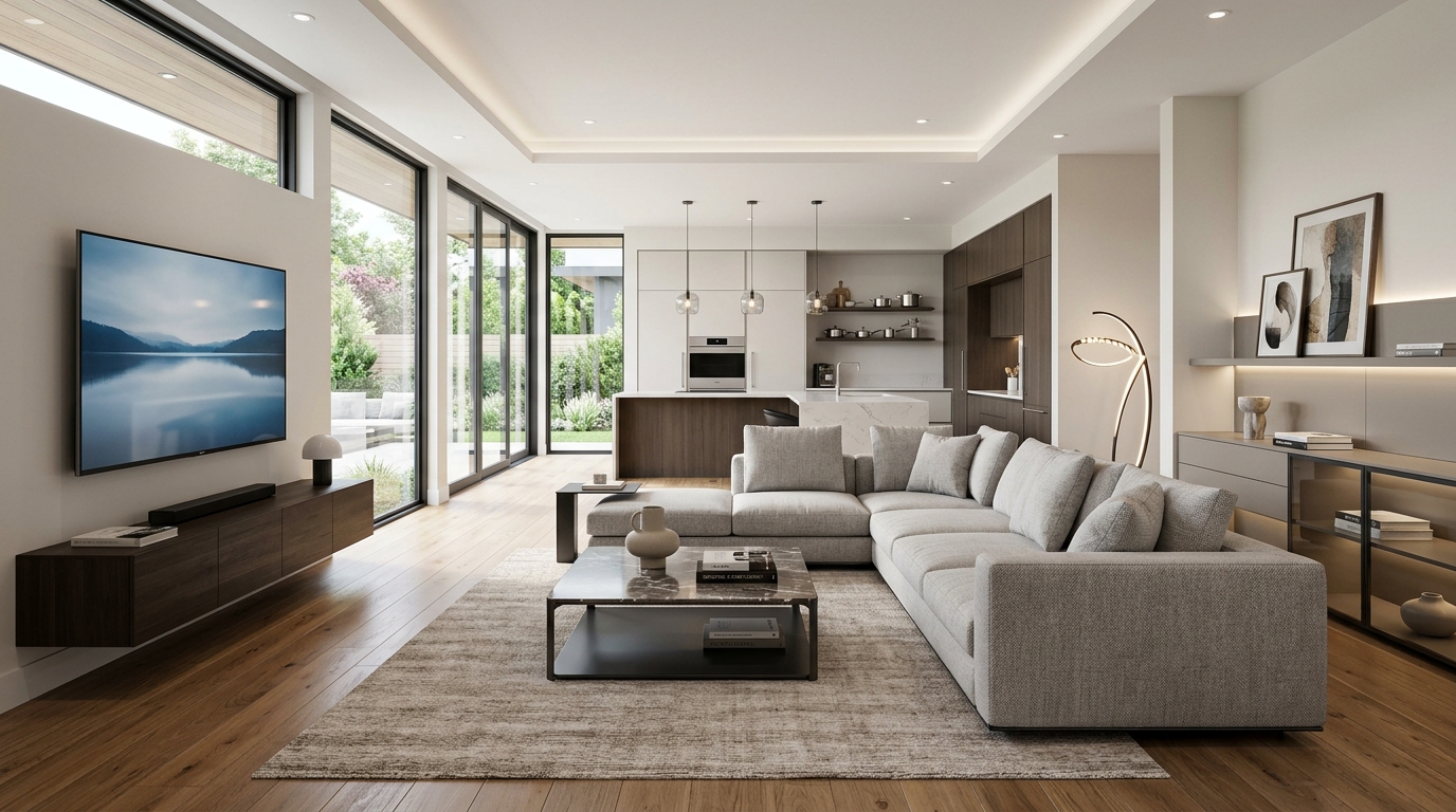 Modern luxury living room with furniture, electronics, kitchen appliances, and home decor.
